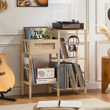 LELELINKY Record Player Stand, Natural Oak Wood Record Holder with Vinyl Storage Holds up to 300+ Albums, 3-Tier Rattan Media Table with Vinyl Display Shelf, Record Storage Cabinet for Living Room LELELINKY