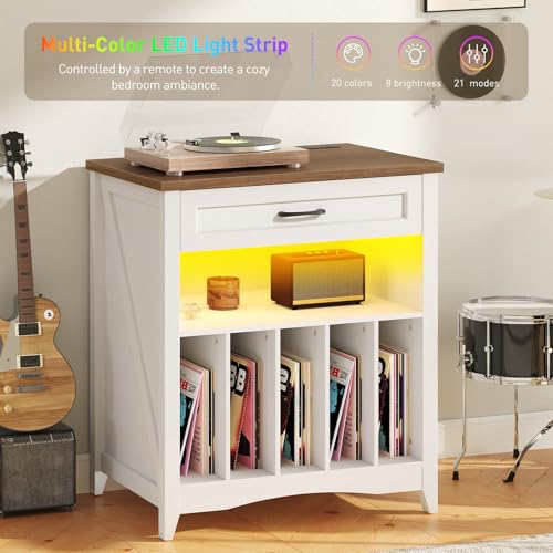 RALGEND Large Record Player Stand with Charging Station, Vinyl Record Storage Cabinet with Drawer and LED, Turntable Display Table for Living Room, Books, Rustic White and Walnut RALGEND