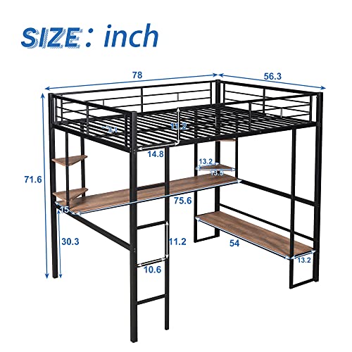 SOFTSEA Heavy-Duty Full Size Metal Loft Bed with Integrated Desk and Storage Shelves SOFTSEA