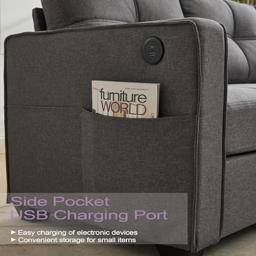 TYBOATLE 65" W Morden Linen Fabric Sofa Couch w/ 2 USB Charging Ports and Wide Arms, Mid-Century Comfy Upholstered Loveseat Couches for Living Room, Bedroom, Office, Easy Assembly (Dark Grey)