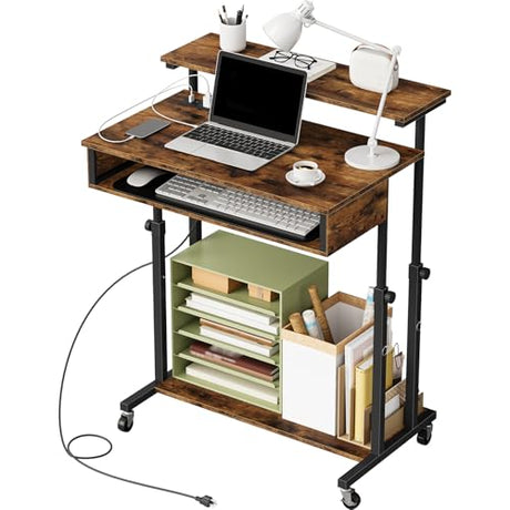 CHOEZON Computer Desk, Standing Desk on Wheels, Rolling Desk with Charging Station, Height-Adjustable Laptop Desk, for Living Room, Home Office, Rustic Brown and Black TDN08UBF CHOEZON