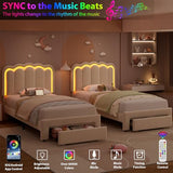 Twin Upholstered LED Bed Frame with Storage Drawer and Adjustable Chic Double Wavy Headboard, Velvet Princess Platform Bed for Kids/Girls, Solid Wood Slats Support, No Box Spring Needed, Beige Jocoevol