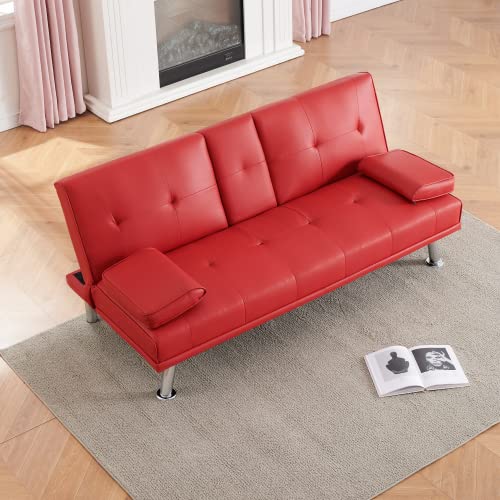 Futon Sofa Bed Modern Folding Couch for Small Space, Faux Leather Convertible Loveseat Sleeper Bed Daybed Recliner Lounge Sofas for Living Room,2 Cup Holders,Metal Legs,Removable Armrests (Red) Anwick
