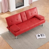 Futon Sofa Bed Modern Folding Couch for Small Space, Faux Leather Convertible Loveseat Sleeper Bed Daybed Recliner Lounge Sofas for Living Room,2 Cup Holders,Metal Legs,Removable Armrests (Red) Anwick