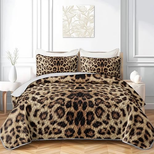 HOSIMA Leopard King Size Quilt,Brown Lightweight Animal Themed Cheetah Bedding Set,Leopard Print Soft Summer Quilts King for Adults Bedroom Decor with 2 Pillowcases. HOSIMA