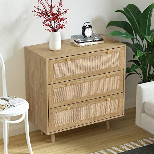 Anmytek 3 Drawer Dresser for Bedroom, Rattan Dresser Modern Wood Chest of Drawers with Spacious Storage for Bedroom Hallway Living Room, Rustic Oak, H0027 Anmytek