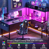 Aheaplus L Shaped Desk Gaming Desk, 59" L Shaped Computer Desk with LED Light & Power Outlet, Reversible Home Office Desk Gamer Desks with Shelves & Storage Bag & Hooks, Corner PC Desk, Black Aheaplus