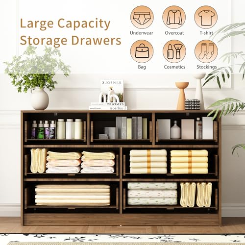 Sscaktu 7 Drawers Dresser for Bedroom，55" Wide Fluted Dresser with Deep Drawers, Modern Chest of Drawers, Mid Century Wood TV Stand Storage Organizer for Closet, Living Room, Hallway, Natural Sscaktu