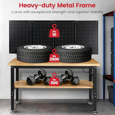 ENJOYWOOD Work Table for Garage 60 x 22 Inch Adjustable Height Workbench Heavy Duty Rubberwood Tabletop Work Bench with Power Outlets Pegboard Pad for Woodworking Shop, Home, Office ENJOYWOOD
