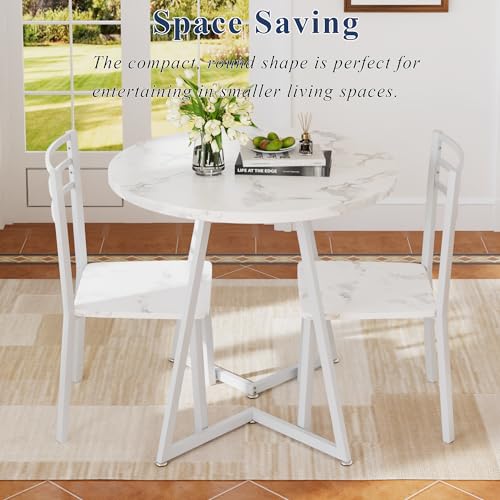 VECELO Small Round Dining Table Set for 2, Wood Tabletop with Strong Metal Frame, Modern Dinette with Chairs for Kitchen, Breakfast Nook Living Room, Faux Marbled & White VECELO