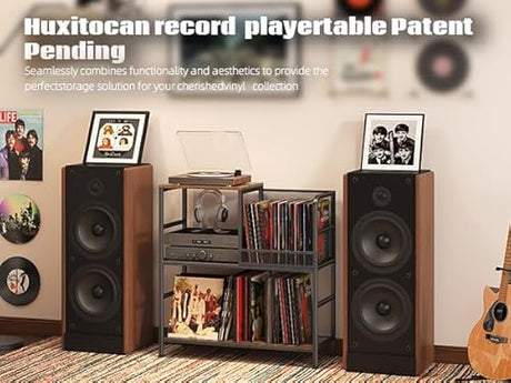 Huxitocan Record Player Stand Holds Up to 150 Albums with 4 Adjustable Dividers, Vintage Turntable Stand, End Table Vinyl Record Holder Huxitocan