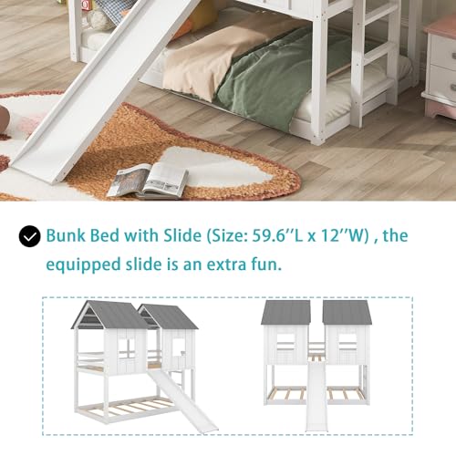 Merax Twin-Over-Twin Wooden House Bunk Bed with Slide, Windows, Ladder and Guardrails, Twin Size White House Bunk Bed Merax