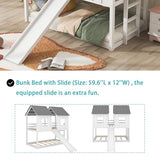 Merax Twin-Over-Twin Wooden House Bunk Bed with Slide, Windows, Ladder and Guardrails, Twin Size White House Bunk Bed Merax