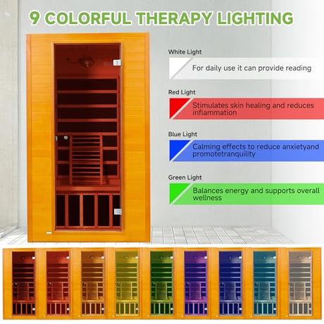 Real Relax Far Infrared Sauna for Home, 1 to 2 Person Indoor Home Sauna with Low Emf Red Light Therapy, Canadian Hemlock Wooden Dry Saunas Room with Bluetooth Speakers, 9-Color Chromotherapy Lights Real Relax