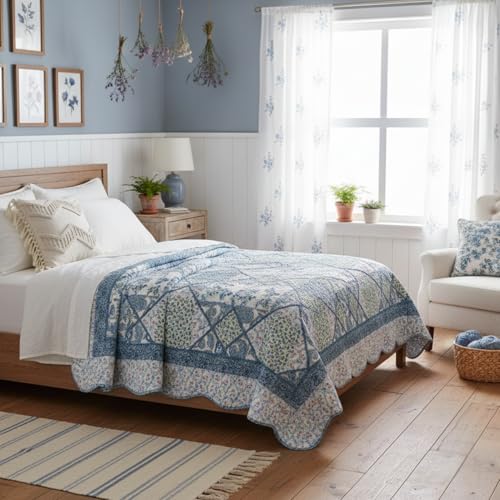 Tache Blue Patchwork Quilt Set - Petal Dance - Cotton Floral Bedspread Set - 2 Pieces - Twin Tache Home Fashion