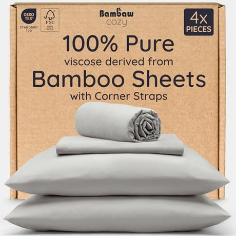 Bambaw Queen Sheet Set – 4pcs 100% Viscose Derived from Bamboo Sheets Set, Cooling Sheets for Night Sweats, Soft Queen Sheets, Hotel Luxury Bed Sheets Set, 16'' Deep Pockets (Moonlight Gray) Bambaw