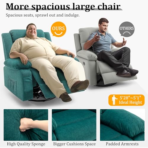Korser Recliner Chair for Adults, Oversized 360° Swivel Rocker Recliner with Massage and Heat, Wide Nursery Glider Rocking Chair with Side Pockets, Cashmere Reclining Sofa for Living Room (Green)