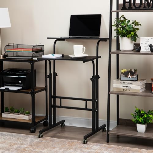Mind Reader Standing Desk, Adjustable Height Laptop Workstation, Portable Rolling Desk on Wheels, Two-Tier Metal Frame, Black Mind Reader