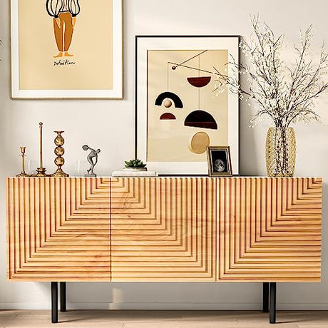 roomfitters Mid Century Modern TV Stand for TVs up to 65", Boho Sideboard Buffet Cabinet Credenza, Media Console Entertainment Center for Living Room, Poplar Wood Print Carved and Geometric Design roomfitters