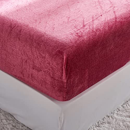 YASMENG Extra Soft Wine Red Velvet Plush Fitted Sheet Twin Size with 16” Deep Pocket, Warm Luxury Single Fitted Sheet Only for Fall Winter Spring, Fuzzy Flannel Fleece Mattress Protector Cover YASMENG