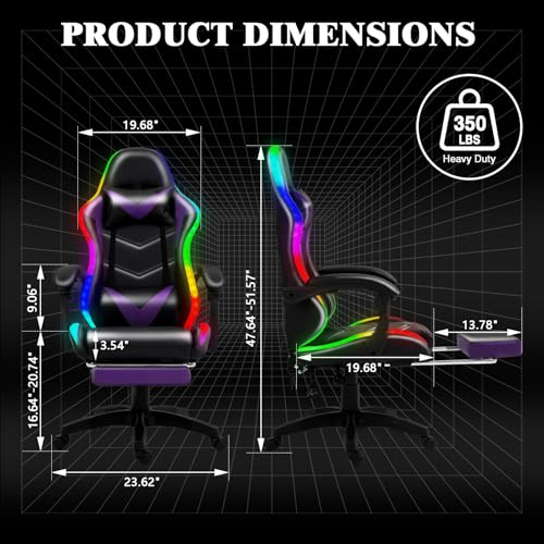Czlolo RGB LED Lights Gaming Chair with Footrest for Adults and Kids, Lumbar Support Massager Video Game Chair, High Back Reclining Gamer Chair with Headrest, Swivel Office Computer Desk Chair(Purple) Czlolo