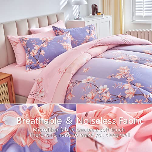 AIKASY Pink and Light Purple Queen Comforter Set with Sheets,Bed in a Bag 7-Pieces,Branches and Flowers Printing Design,Ultra Soft Down Alternative All Season Bedding Set(Queen,Blossom Stem) AIKASY