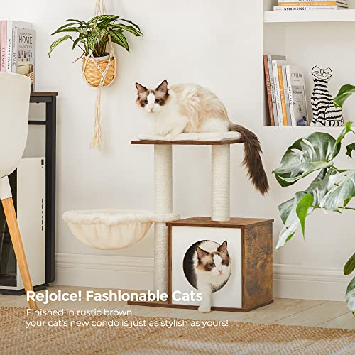 FEANDREA WoodyWonders Small Cat Tree for Kittens, Modern Cat Tower for Indoor Cats, Cat Condo with Scratching Posts, Removable Washable Cushions, Rustic Brown UPCT122X01 Feandrea