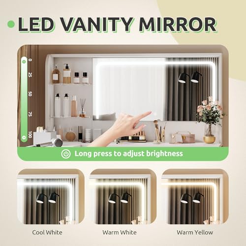 DWVO Vanity Desk with LED Lighted Mirror and 3 Lighting Modes, L-Shaped Corner Vanity Table, 48" Large Dressing Table with 5 Tempered Glass Drawers with Open Storage Shelves, White DWVO