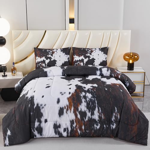 PERFEMET Black King Size Comforter Set 3 Pieces Cow Print Bedding Set Western Farmhouse Rustic Bed Comforter Animal Cowhide Quilt Set for Bedroom Decoration PERFEMET