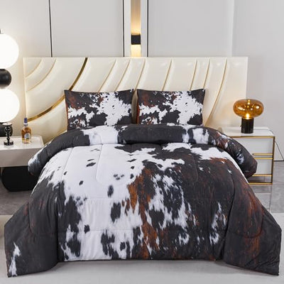 PERFEMET Black King Size Comforter Set 3 Pieces Cow Print Bedding Set Western Farmhouse Rustic Bed Comforter Animal Cowhide Quilt Set for Bedroom Decoration