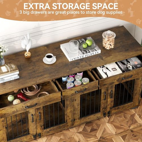 Dog Crate Furniture for 2 Dogs, 71'' XXL Indoor Dog Kennel with 3 Drawers and Removable Room Divider, Wooden Double Dog CrateTV Stand End Table with Double Doors for Large Medium Dogs, Brown GAOMON