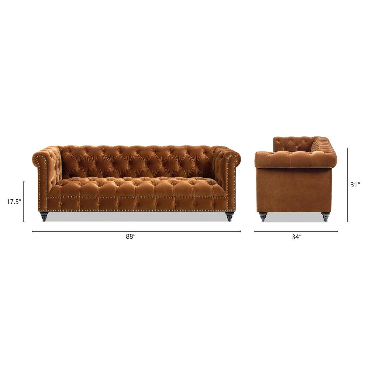 Jennifer Taylor Home Alto 88" Performance Velvet Tufted Chesterfield Sofa in Burnt Orange Jennifer Taylor Home