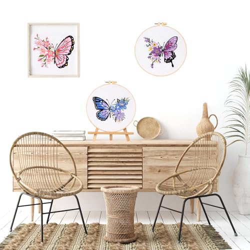 LB Butterfly Embroidery Kit for Beginners Adults, 3 Sets Hand Embroidery Starter Kit with Flower Pattern and Instructions Stamped Cross Stitch Kits Include Embroidery Hoop Needles Threads Scissors