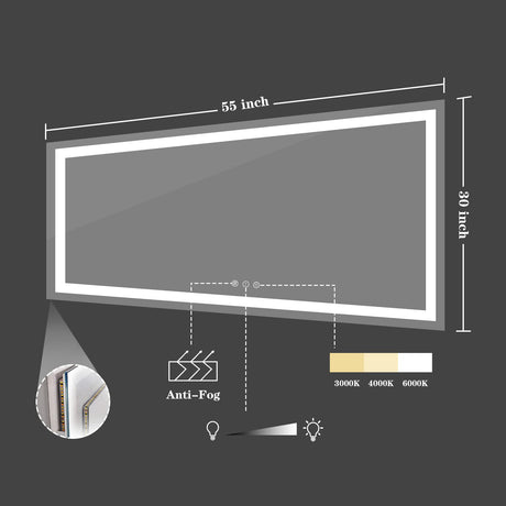 Amorho LED Bathroom Mirror 55"x 30", Backlit + Front-Lighted Vanity Mirror, Dimmable Bathroom Mirrors for Wall, Anti-Fog, Memory, 3 Colors, Double LED Lights, Shatter-Proof, ETL Listed Amorho