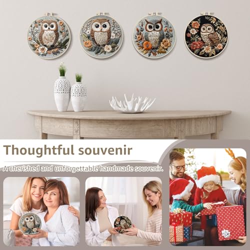 WHQLANG 4 Sets Owl Embroidery Kit, 8.1" Hoops, Embroidery Kit for Beginners to Advanced, Cross Stitch Kits,Inchlude Water Soluble Pattern, Needles,Threads, Template Tools