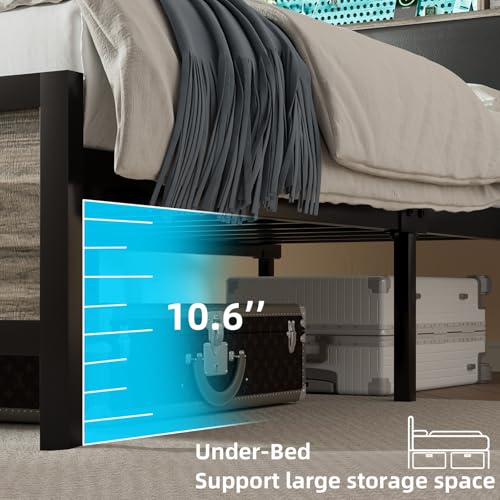 Full Size Bed Frame with LED Light and Charging Station, Full Size Platform Bed Frame with Strong Metal Slat Support, Upholstered Headboard, No Box Spring Needed, Noise-Free, Easy Assembly, Wash Grey IMMERSTABLE