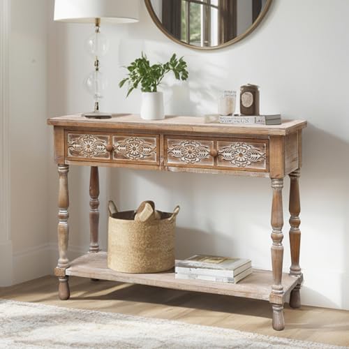 PARISLOFT Vintage Wood End Table with 2 Drawers and 1 Bottom Shelf,Rustic Console Table Storage, Accent Entryway Table Furniture,Antique Brown,42”Wx32”H PARISLOFT