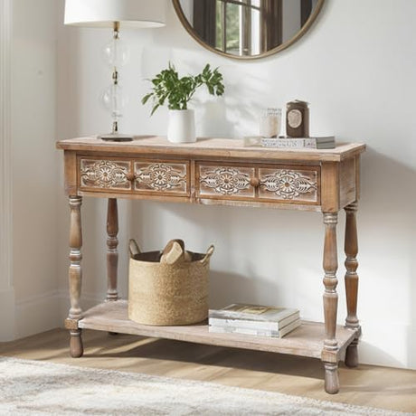 PARISLOFT Vintage Wood End Table with 2 Drawers and 1 Bottom Shelf,Rustic Console Table Storage, Accent Entryway Table Furniture,Antique Brown,42”Wx32”H PARISLOFT