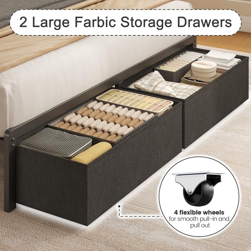 Fluest Twin Bed Frame with Storage Drawers, Upholstered Headboard with Charging Station, LED Lights, Fabric Drawers with Wheels, Under Bed Storage, No Box Spring Needed, Easy Assembly, Grey Fluest