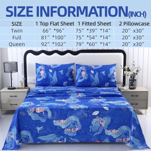 MAG 4Pcs Mermaid Full Size Sheet Sets,Blue Ocean Sheets,Kids’ Microfiber Bedding Sheet Set 1 Fitted Sheet 14''Deep Pocket +1 Flat Sheet+2 Pillowcases for Toddler Boys and Girls,Breathable and Wrinkle. MAG
