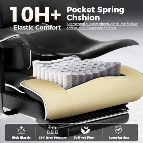 COMHOMA Big and Tall Office Chair 400lbs High Back Gaming Chair with Ergonomic Lumbar Support & Pocket Spring Cushion for Lower Back Pain Relief, Leather Executive Chair with Foot Rest, White/Black COMHOMA