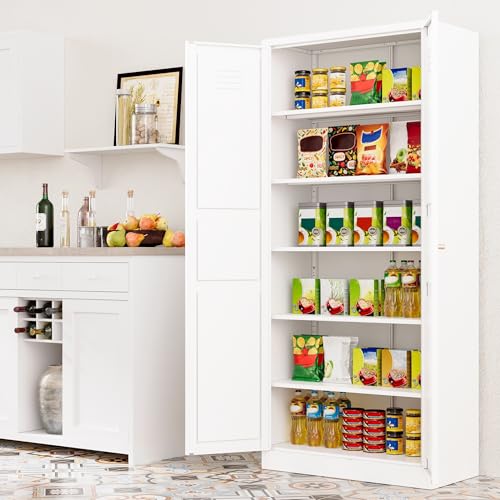 Pantry Cabinet,White Pantry Storage Cabinet,Metal Storage Cabinet with Doors and Shelves,Ventilated Tall Cupboard,Pantries,71"H Food Pantry Cabinet for Kitchen,Home,Office,Dining Room,Living  - WoodArtSupply