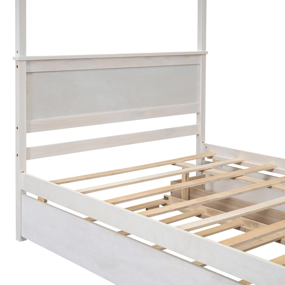 Akiyito Full Wood Canopy Bed with Trundle and 2 Drawers,Platform Bed with Support Slats,Built-in Headboard,No Box Spring Needed,for Kids Adults,Brushed White Akiyito