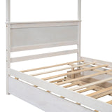 Akiyito Full Wood Canopy Bed with Trundle and 2 Drawers,Platform Bed with Support Slats,Built-in Headboard,No Box Spring Needed,for Kids Adults,Brushed White Akiyito