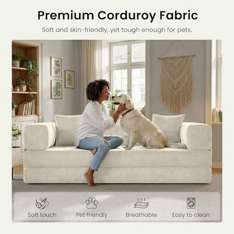 CUBENTE 78.8" Convertible Sofa Bed,Corduroy Futon Couch with Storage Pocket,Folding Pull Out Futon Sofa,No Assembly Boneless Couch for Living Room, White CUBENTE
