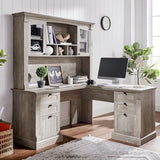 OKD 60" L Shaped Executive Desk with Hutch and Drawers, Farmhouse Home Office Desk with Charging Station, File Cabinet Storage, Wood Corner Computer Desk for Work and Study, Light Rustic Oak OKD
