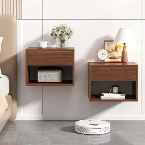 JAXPETY Nightstands Set of 2, Night Stand with Drawer, Floating Nightstand with Open Storage Shelf, Wall Mounted Wood Bedside Tables, End Table, Side Table, for Bedroom, Brown Walnut JAXPETY