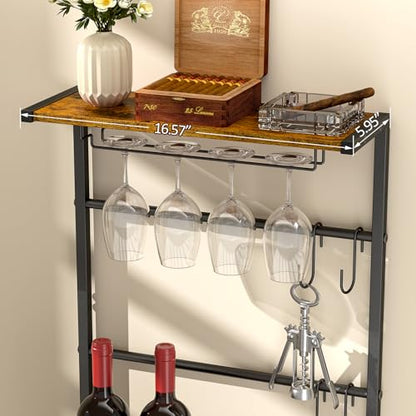 5-Tier Wine Rack Freestanding Floor, Liquor Bar Stand with Glasses Holder and 4 S Hooks, Corner Mini Bar Cabinet for Small Space, 8 Bottles Wine Bar Cabinet for Home, 11.81"D x 16.53"W x 53.55"H