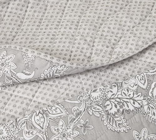 Chezmoi Collection Robyn 3-Piece Neutral Taupe Gray White Floral Hibiscus Flower Patchwork Striped Quilt Set - Pre-Washed Cotton Coverlet - Lightweight Reversible Bedspread, Queen Size Chezmoi Collection
