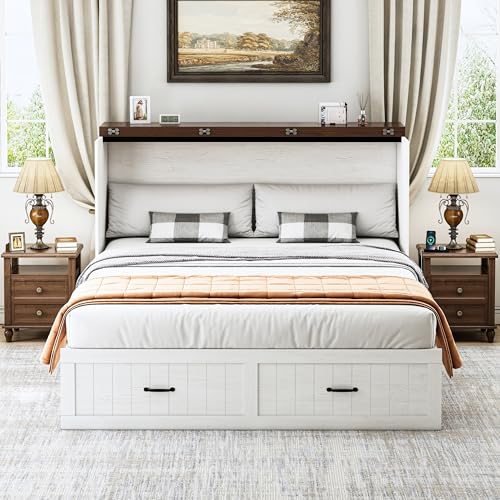 JassmiPkwy Queen Size Murphy Bed Frame, Farmhouse Wood Queen Beds with Charging Station, Drawer, Queen Foldable Platform Bed, White JassmiPkwy